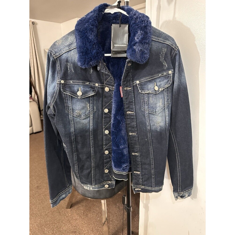 Dsquared2 Men’s Blue Faux Fur Lined Denim Jacket, Button Closure, Size M